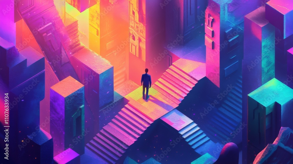 Confusing Steps This isometric landing page depicts a businessman navigating confusing ...