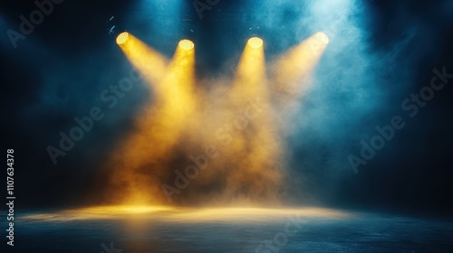 Twin spotlights shine in blue and orange hues on an empty stage, smoke swirling in the air, generating a mood of mystery and artistic creativity. photo