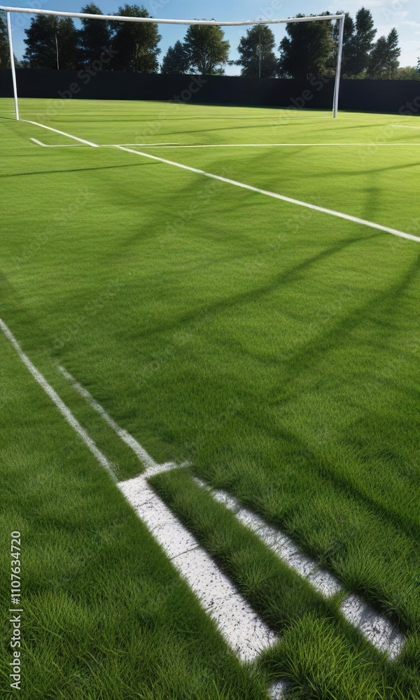 Fototapeta premium Close-up of freshly mowed turf with white goalposts in the background, league, goal line