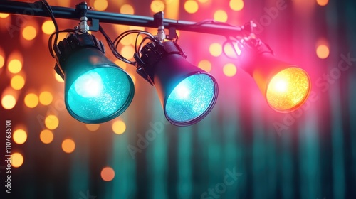 Three spotlights in vibrant colors set against a festive bokeh background, creating an energetic and lively mood perfect for celebrations and artistic performances. photo