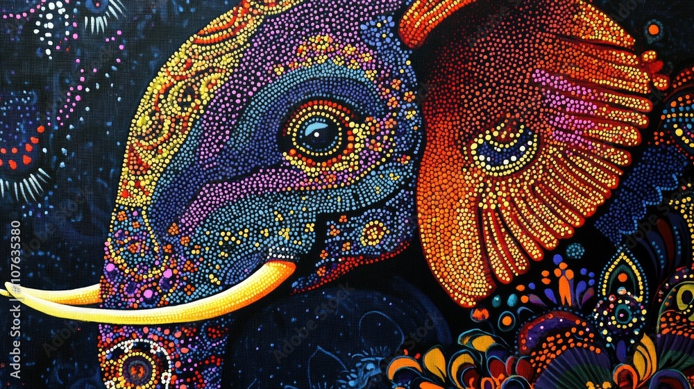 Obraz premium Vibrant folk art illustration of an Indian elephant, created with intricate dots and patterns, showcasing traditional dot painting style