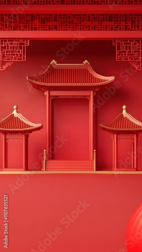 Red Chinese Traditional Architecture Stage