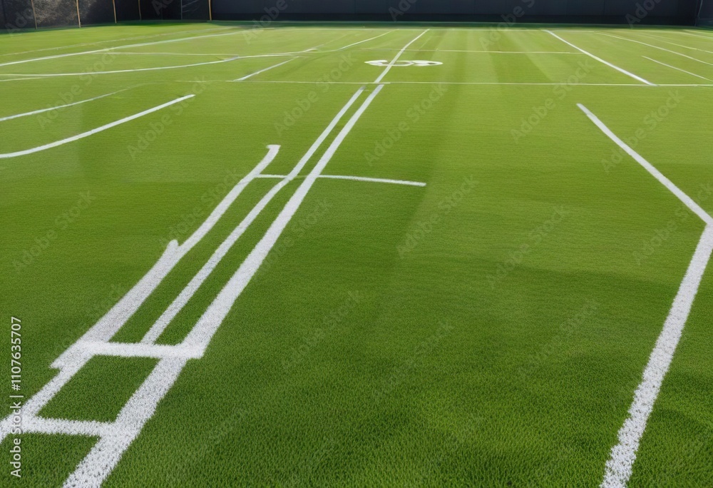 Fototapeta premium Lacrosse field with green artificial turf and white boundary lines, turf, lacrosse