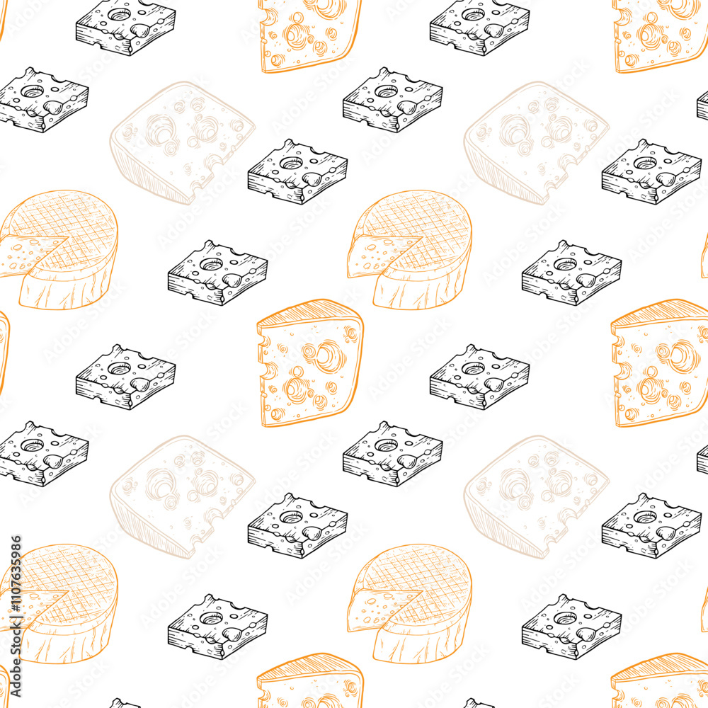 Cheese seamless pattern. Ink sketch diary products on white background. Hand drawn vector illustration. Vintage style stroke drawing. Vector illustration Cheese seamless pattern. Ink sketch diary products on white background. Hand drawn vector illustration. Vintage style stroke drawing. Vector illustration