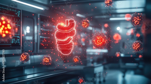 A futuristic hospital room where floating digestive system diagrams flash with erratic red light, surrounded by swirling particles, symbolizing colon issues and foodborne illness. photo