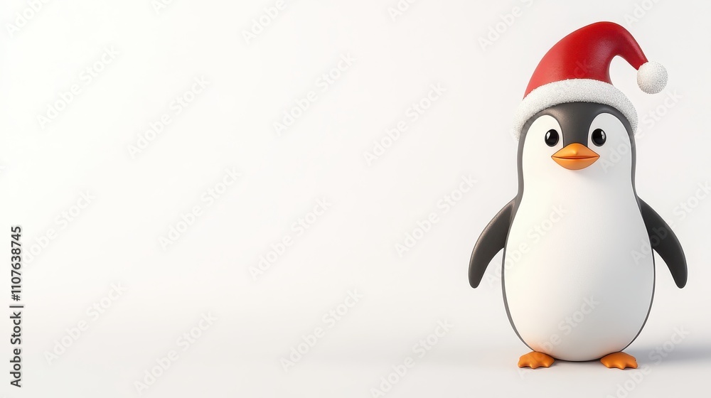 Fototapeta premium A cheerful cartoon penguin wearing a red Santa hat stands against a plain background, embodying a festive and whimsical holiday spirit.