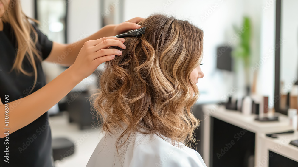 Fototapeta premium Professional hairdresser finishing a client’s hairstyle, creating soft curls in a bright studio