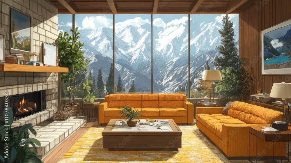 Fototapeta premium Mountain View Living Room: A Retro Escape