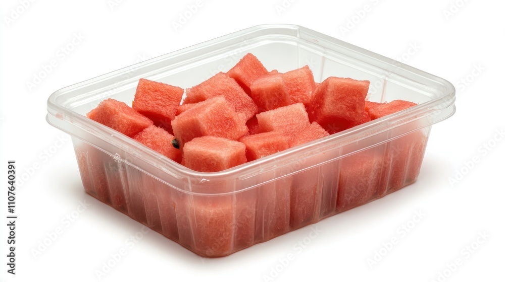 A container filled with cubed watermelon, ready for serving or snacking. A container filled with cubed watermelon, ready for serving or snacking.