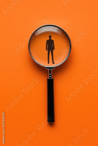 Magnifying Glass Scanning Figure on Orange Background for Recruitment Concept photo