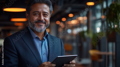 A smiling man in a suit holds a tablet in a modern office environment.