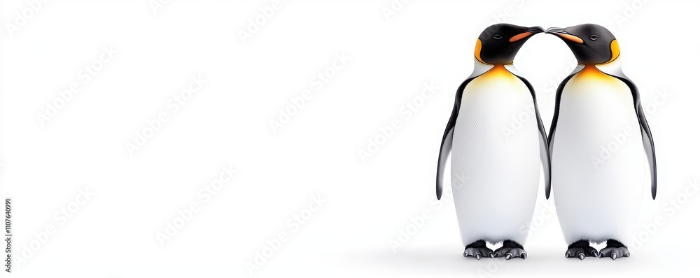 Fototapeta premium Two penguins share a tender moment, standing close together against a clean, white background.