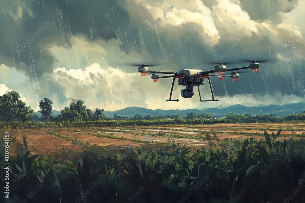 Fototapeta premium AI-powered weather control drone ensuring balance by spraying mist over crops in a futuristic farming landscape