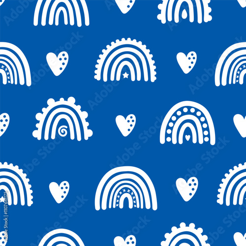 Blue seamless pattern with white rainbow and heart