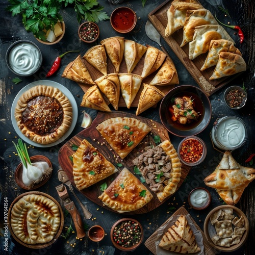 Asian Pies Set with Qutab, Homemade Samosa, Indian Samsa, Traditional Uzbek Burekas photo