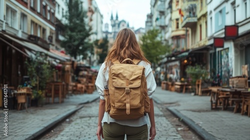 A young woman adventurously exploring the cobblestone streets of a charming urban city with a backpack, experiencing the vibrancy and allure of city life. photo