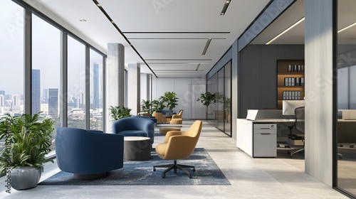 Office environment with high-end amenities, modern design, and ergonomic furniture supporting a productive and enjoyable workday photo