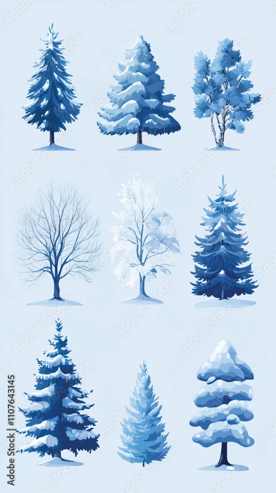 Fototapeta premium Snow-Covered Tree Icons Set, Winter Forest Elements