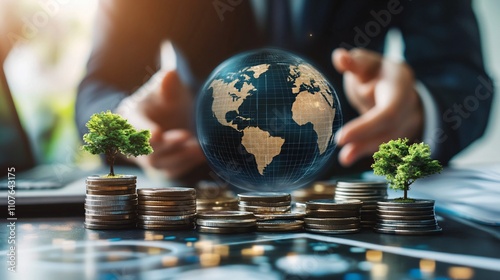 Concept of global economic growth with images of international investments, trade partnerships, and global business operations