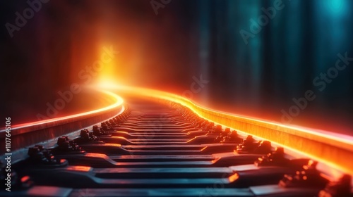 Glowing train rails curve gently into a mysterious bright light in an abstract and artistic composition, suggesting a journey into the unknown or future. photo