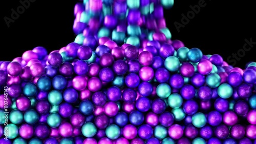 A vibrant cascade of purple and teal spheres falls against a black background, creating a mesmerizing effect ideal for dynamic visuals in advertising, entertainment, and design