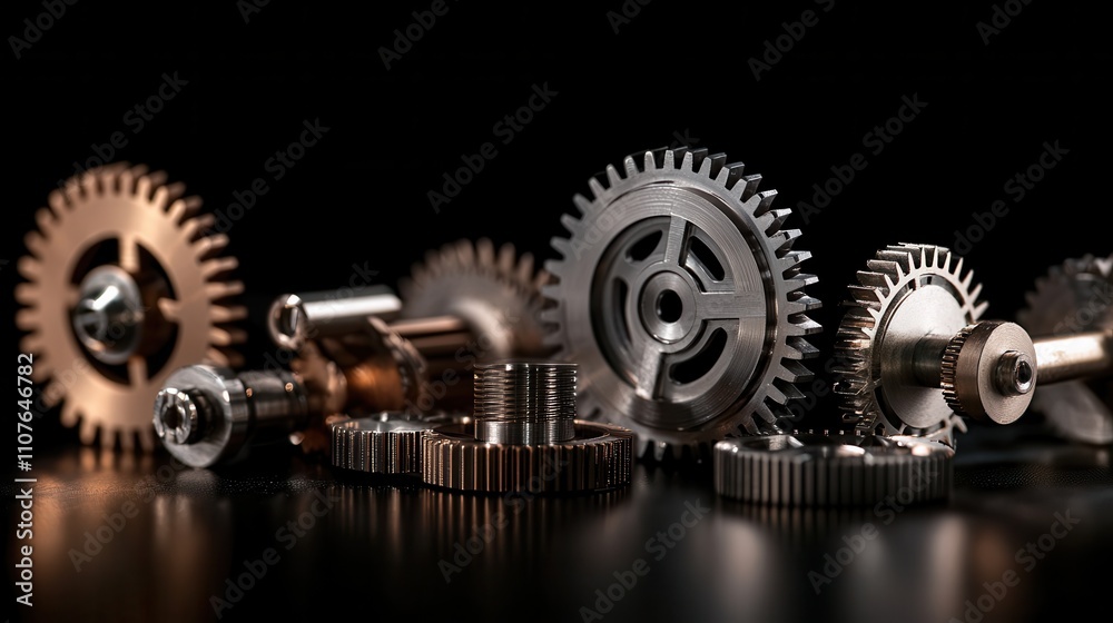 Precision engineering event gears and mechanisms showcase industrial setting high-contrast product design concept