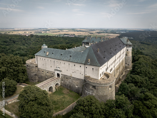 Aerial view of Cerveny Kamen, Red stone castle in the Carpathian mountains in Slovakia