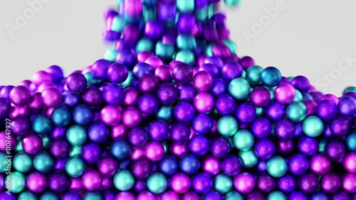 Multicoloured bright violet and blue marbles fall into a container and gradually fill it completely, filling the entire space. High-quality video in 4k, 3d render on a light background. Satisfying