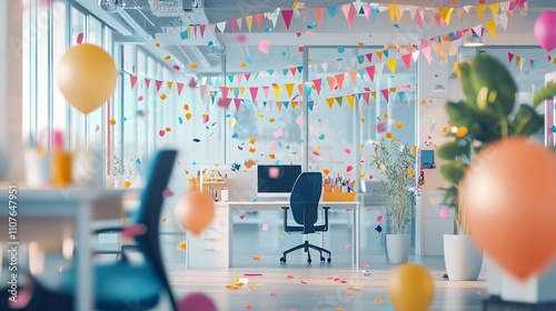 Visualization of a work anniversary celebration with focus on congratulatory messages, team activities, and festive office decorations