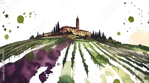 Tuscan vineyard landscape watercolor painting.