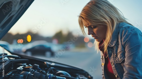 Woman Inspecting Car Engine by Highway for Roadside Assistance photo