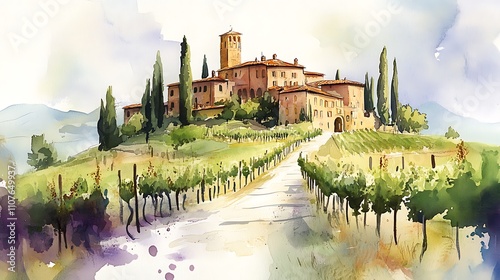 Tuscan villa watercolor painting, vineyard, countryside.