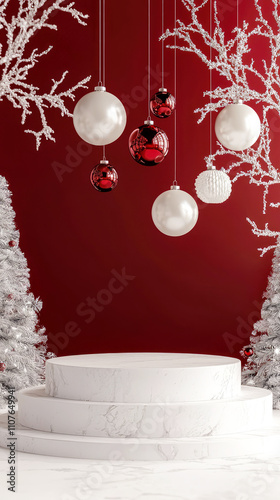 Red  stage, Christmas 3d podium,with holidays decoration. New year background. Red mockup for celebration. Generative ai