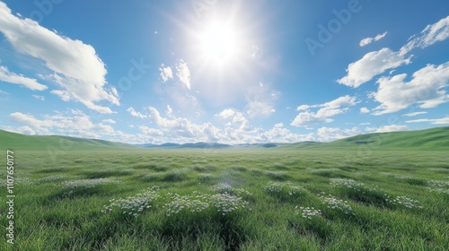 Long green valley, flawless clear sky and clouds, landscape photo photo