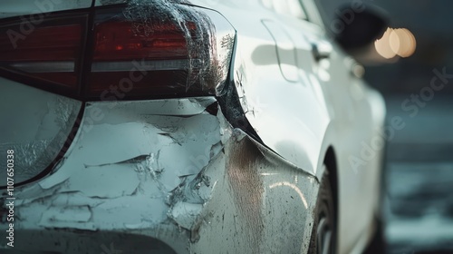 Close-Up of Damaged White Car Bumper After Road Accident photo