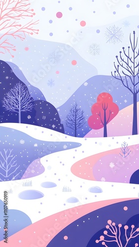 Illustrations of winter landscapes with trees and snow