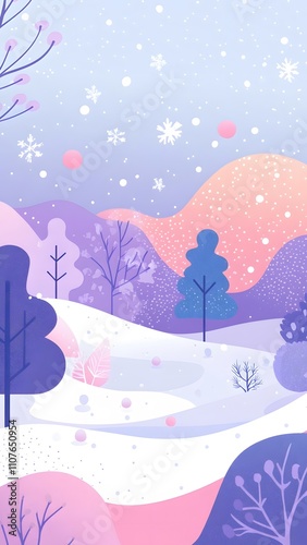 Illustrations of winter landscapes with trees and snow
