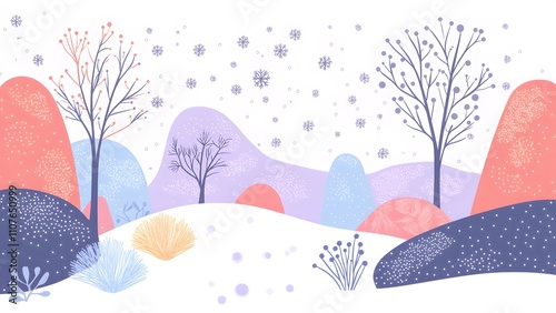 Illustrations of winter landscapes with trees and snow