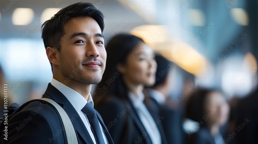 Fototapeta premium Image of a professional business traveler at a meeting abroad with focus on international business attire, cultural interactions, and meeting preparations