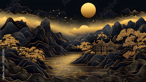 Traditional Chinese landscape painting with black gold theme