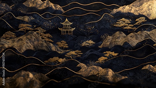 Traditional Chinese landscape painting with black gold theme
