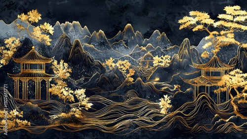 Traditional Chinese landscape painting with black gold theme
