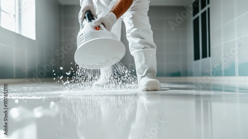 Close-up of a white scrubber as it sprays water generously on a floor, emphasizing sanitation and the effective cleaning process amidst bright ambiance. photo