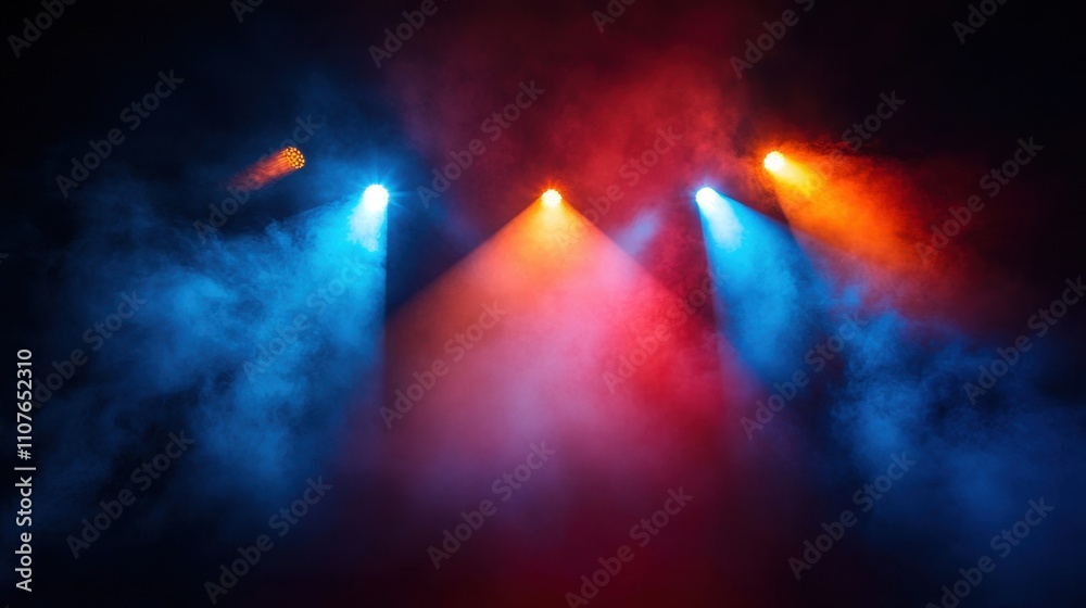 A dramatic scene of colorful fog illuminated by intersecting spotlights, creating a striking visual contrast against the dark A dramatic scene of colorful fog illuminated by intersecting spotlights, creating a striking visual contrast against the dark