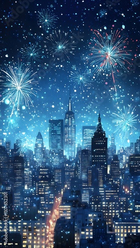 Illustrated background for city fireworks at night