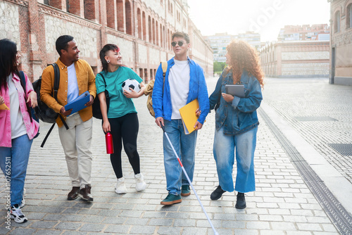 Disability blind, Diverse group of friends having fun outside college university. Students, education concept