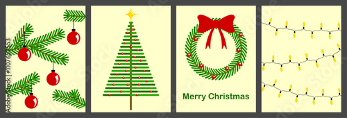 Christmas cards with Christmas tree and Christmas tree lights motifs vector