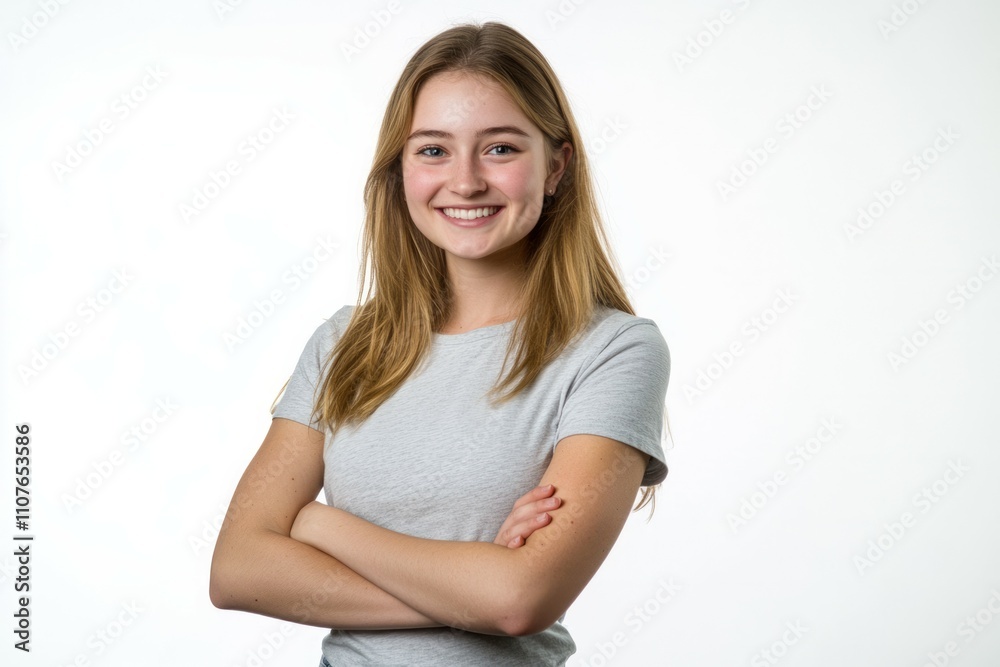 Fototapeta premium Happy young woman standing with her arms crossed isolated a white background