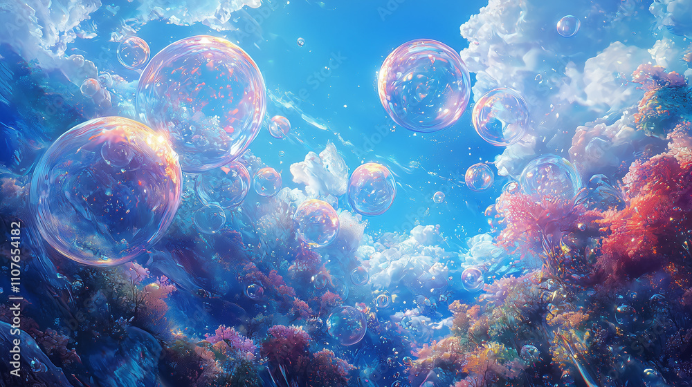 Fototapeta premium Surreal floating bubbles in a vibrant dreamy sky