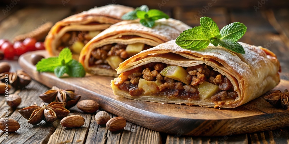 A delicious and flaky apple strudel with a hint of cinnamon and nutmeg, topped with a dusting of powdered sugar, nestled on a rustic wooden board with star anise and almonds. A delicious and flaky apple strudel with a hint of cinnamon and nutmeg, topped with a dusting of powdered sugar, nestled on a rustic wooden board with star anise and almonds.